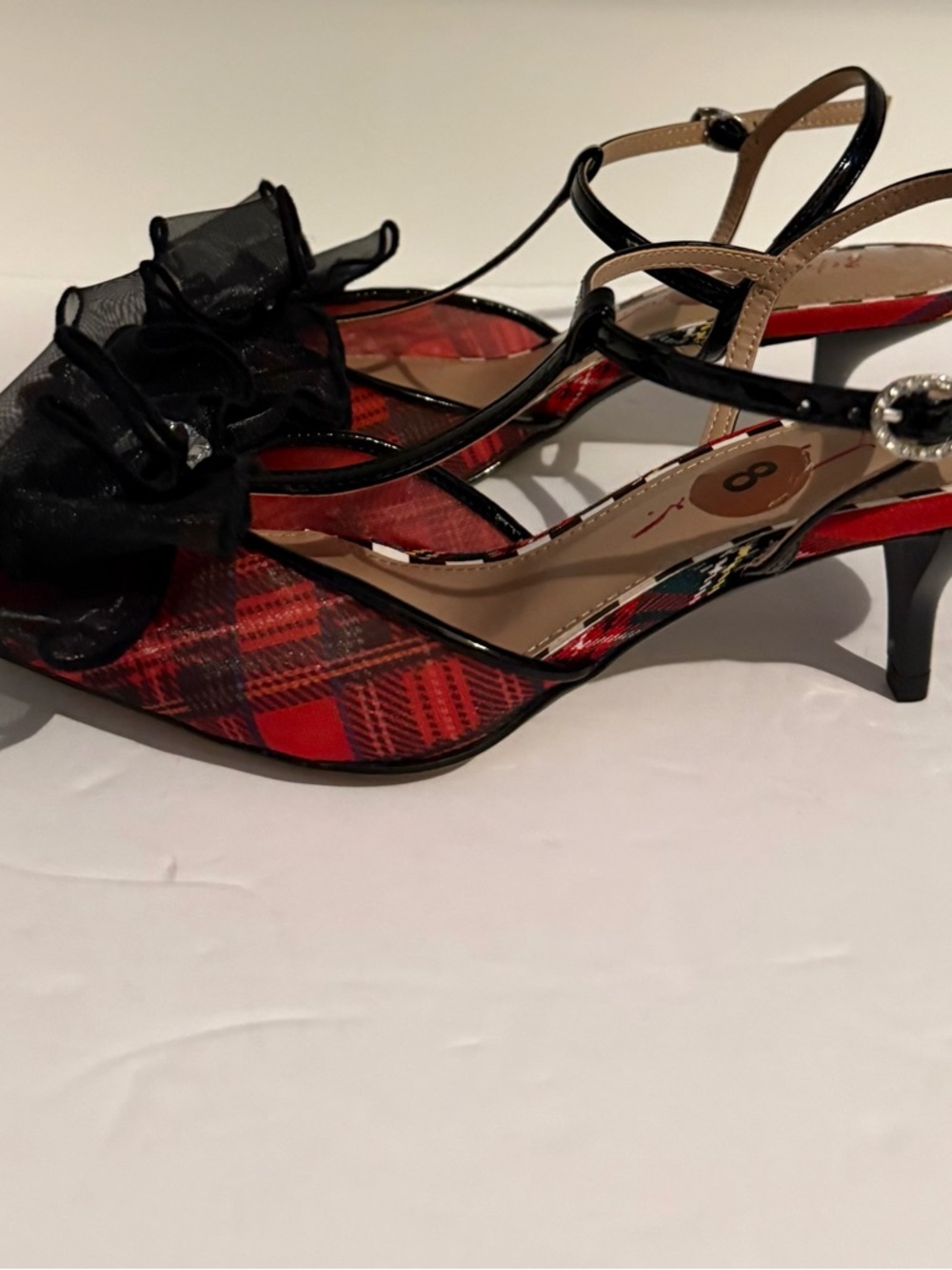Betsey Johnson Red Tartan Pointed T-Strap Heels with Black Ruffle - Picture 2 of 8